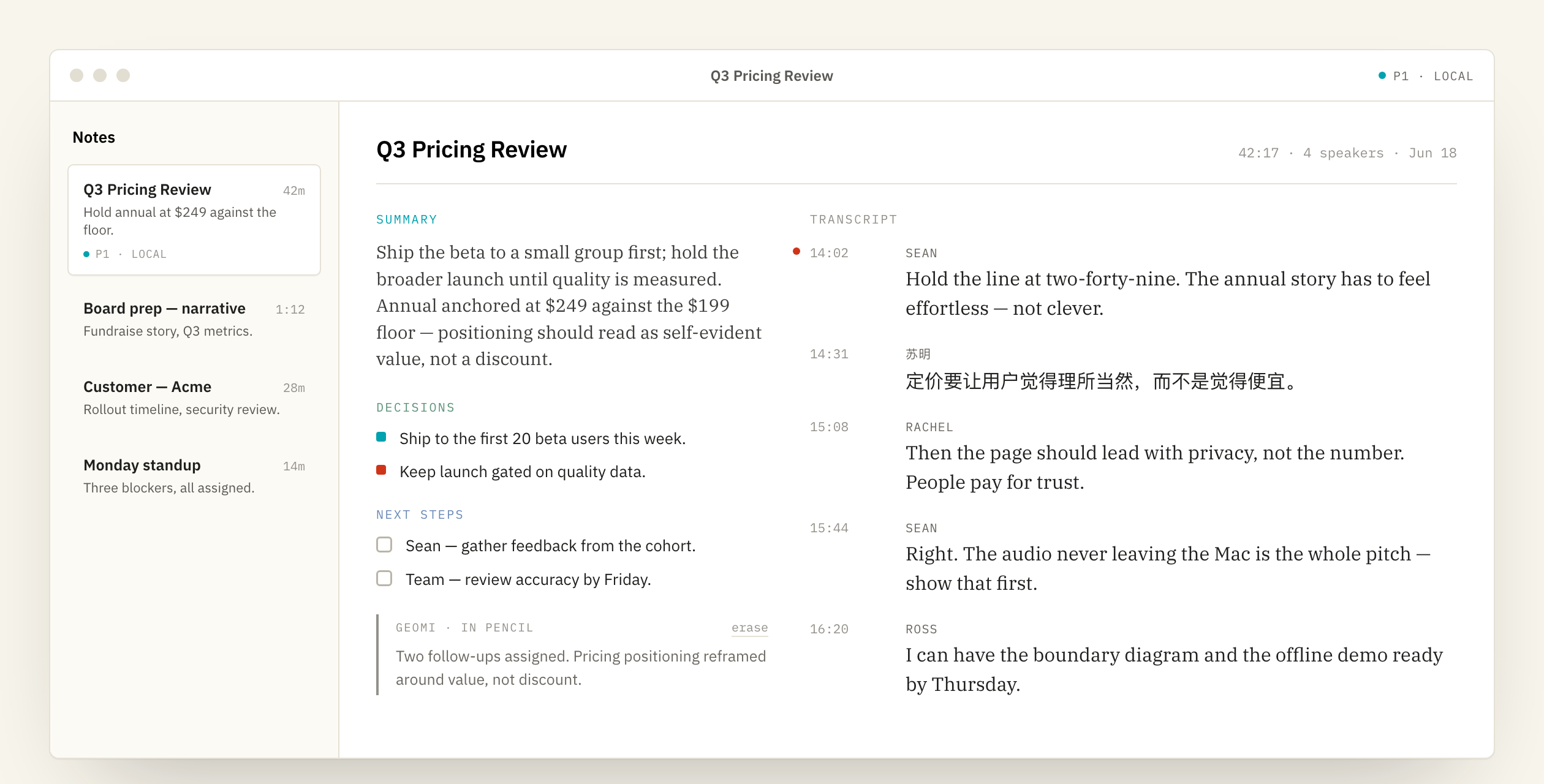 HiDock App meeting note — a speaker-labeled transcript beside a short summary with decisions and next steps
